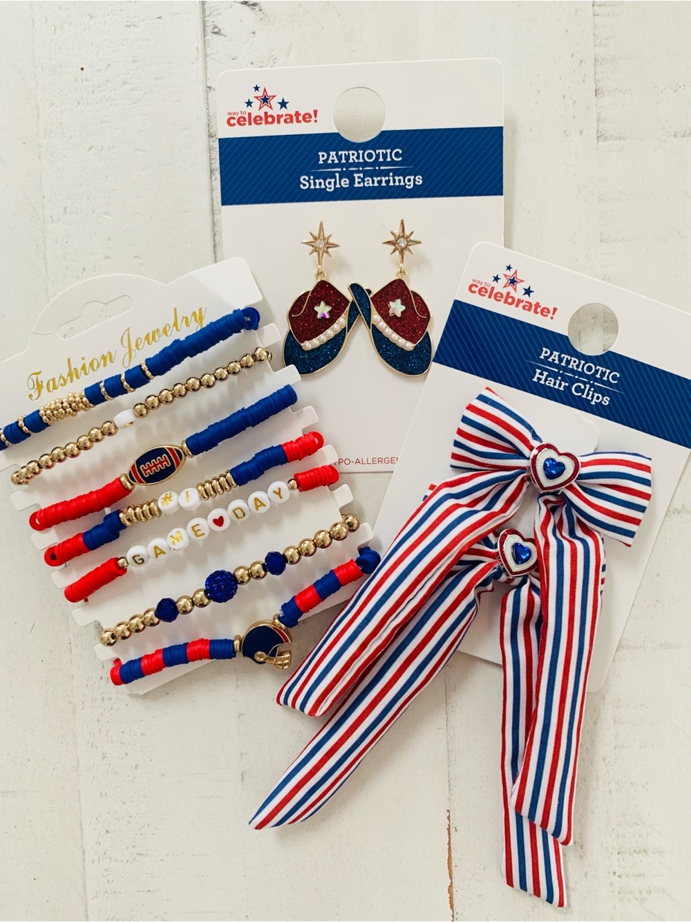 Earrings, Hair Clips, Bracelet Set Accessories in Red White and Blue